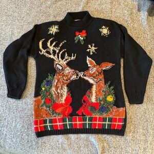 Vintage Holiday Christmas 'Ugly' Sweater Kissing Reindeer Women's Size M